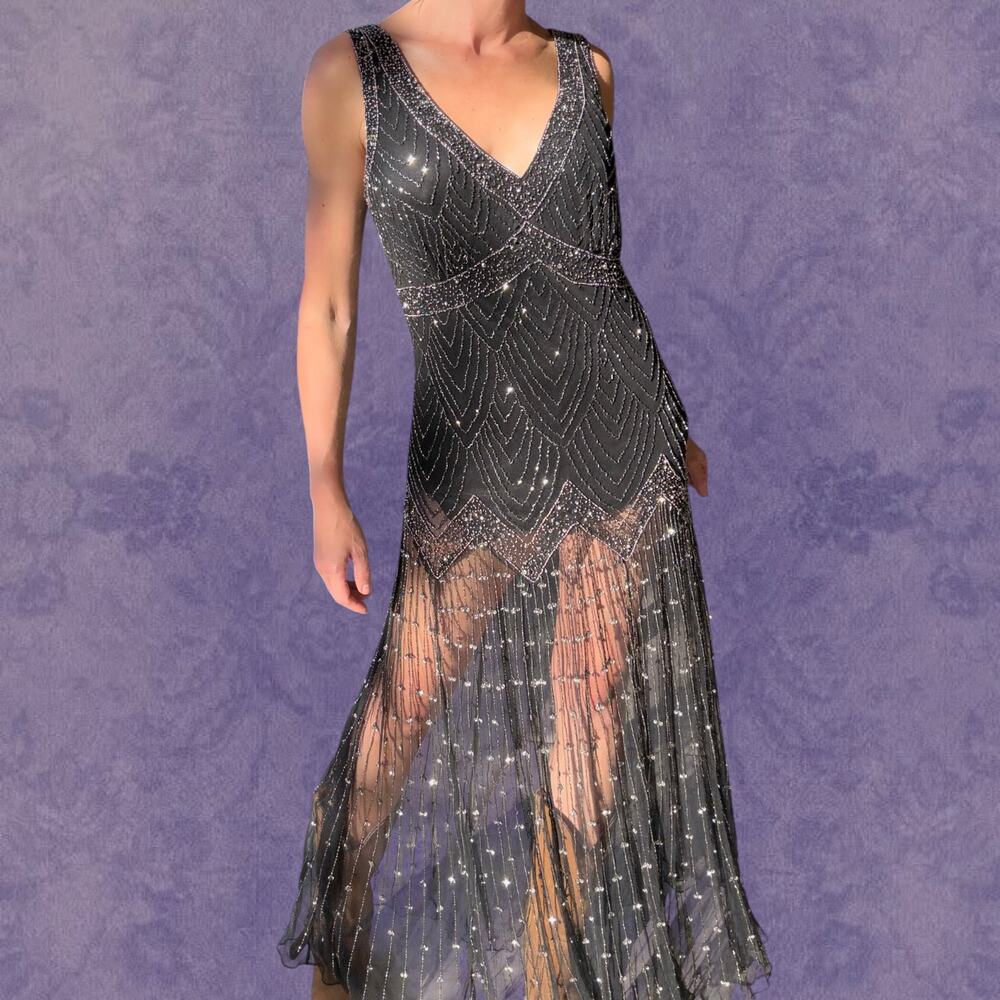 Vintage Black Beaded Art Deco Gown, Old Hollywood, Gothic Formal Dress, Medium